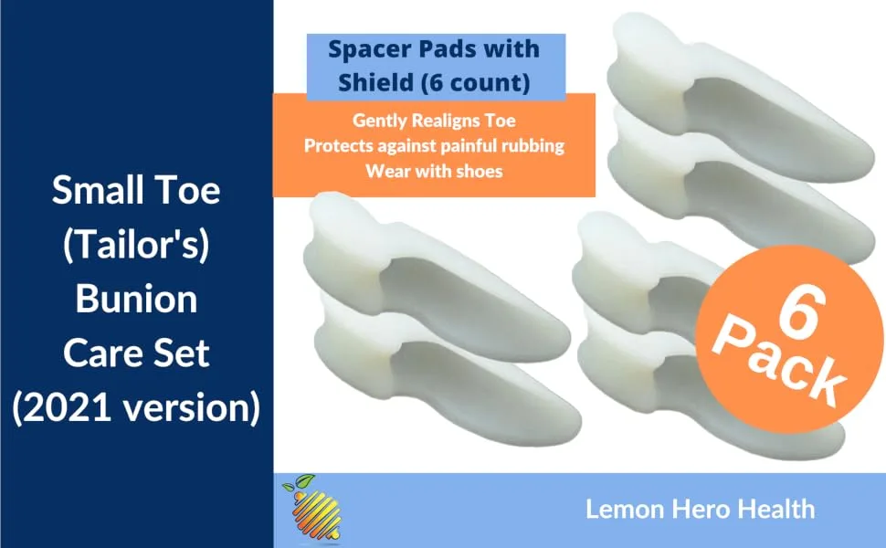 Bunionette Corrector Pads - 6-Pack of Small Pinky Toe Tailors Bunion Pain Relief Protectors with Premium Gel Cushions - Best Foot Orthotics and Toe Straightener Sleeve. Unisex 4 Piece Set - bunionette