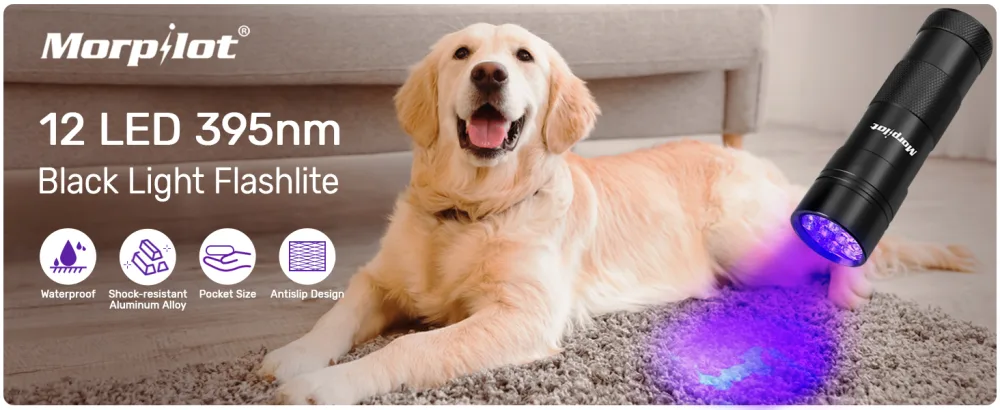 morpilot Blacklight Flashlights uv Flashlight: 12 Led 395nm 2 Pcs Black Light Flashlight Mini, Pet Urine Detector Light for Dog/Cat, Dry Stains, Resin Curing, Bed Bug 2 pack - product information 7