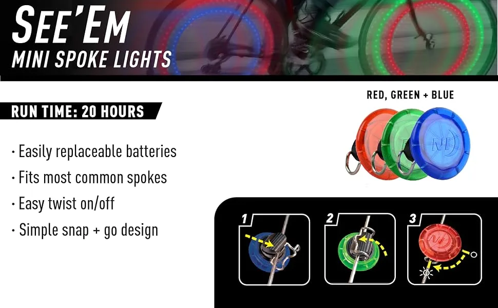 Nite Ize See 'Em - 2 Pack Assorted - See-ems mini spoke lights, colorful spoke lights, simple snap and go design