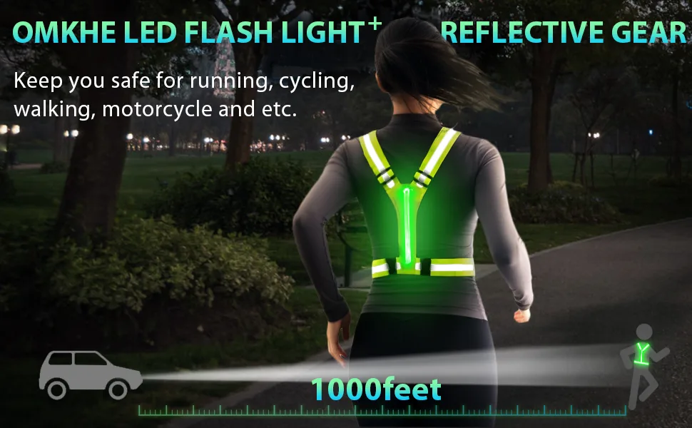 OMKHE LED Reflective Vest Running Gear, USB Rechargeable LED Light Up Vest High Visibility with Adjustable Waist/Shoulde Green - led running vest
