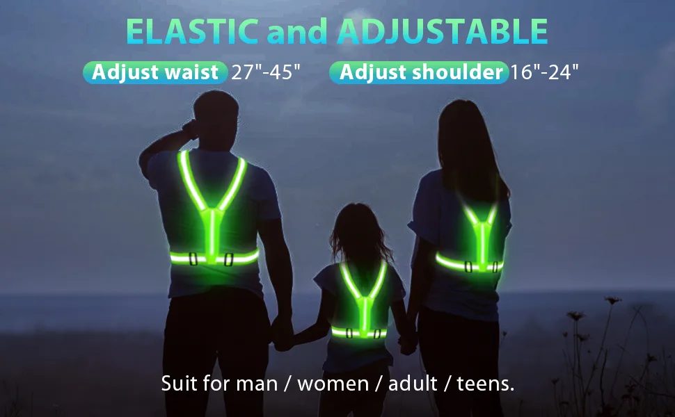 OMKHE LED Reflective Vest Running Gear, USB Rechargeable LED Light Up Vest High Visibility with Adjustable Waist/Shoulde Green - reflective vest fit for all