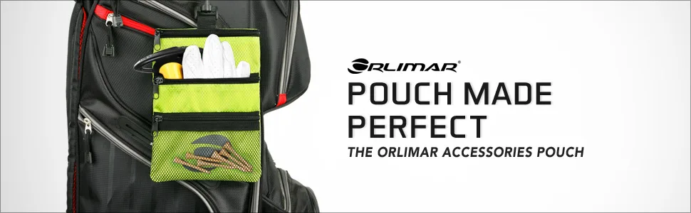 Orlimar Detachable Golf Accessory Pouch, 3 Zippered Pockets for Valuables and Golf Accessories, Clips to Your Golf Bag for Extra Storage and Easy Access. Black - Orlimar Golf Detachable Accessory Pouch with a golf glove and golf tees clipped onto a golf bag
