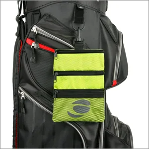 Orlimar Detachable Golf Accessory Pouch, 3 Zippered Pockets for Valuables and Golf Accessories, Clips to Your Golf Bag for Extra Storage and Easy Access. Black - zipped Orlimar Golf Detachable Accessory Pouch clipped on toewl ring on a golf bag