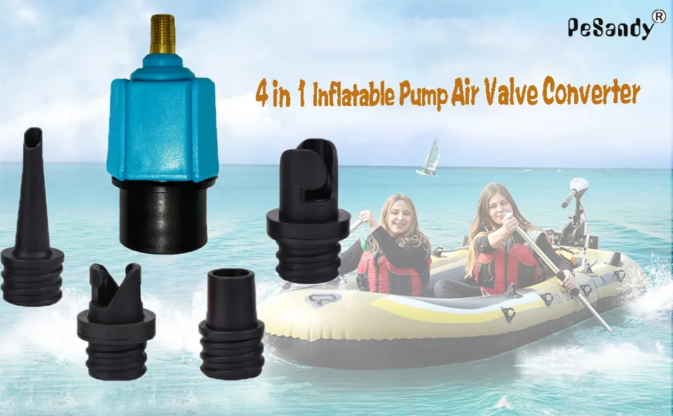 PeSandy Inflatable SUP Pump Adaptor Compressor Paddle Board Pump Adapter, Multifunction SUP Valve Adapter with 4 Air Valve Nozzles for Inflatable Boat, Stand Up Paddle Board, Inflatable Bed, Dinghy Blue - SUP Pump Adapter 1