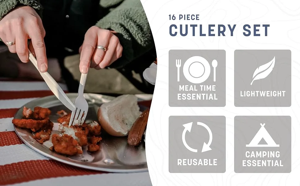Stansport 16 Pc Knife, Fork, Tablespoon, & Teaspoon Set, White - camping, cookware, utensil, cutlery, set, essential, lightweight, meal time, reusable, fork, knife