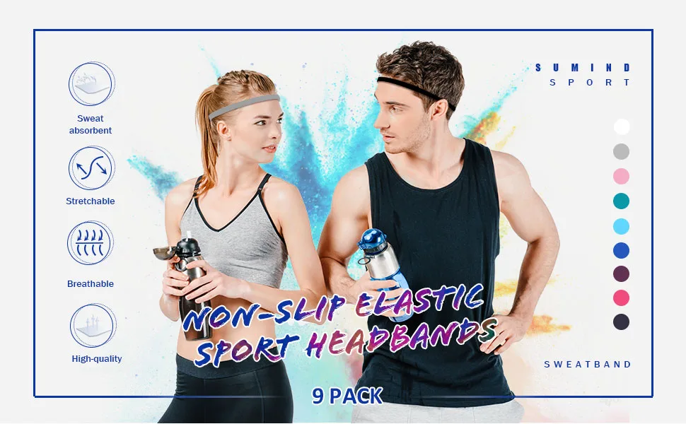 9 Pieces Thick Non-Slip Elastic Sport Headbands, Elastic Silicone Grip Exercise Hair and Sweatbands for Yoga Assorted Colors - product information 2