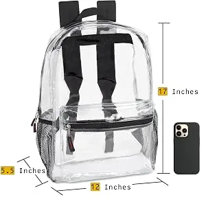 Trail maker Clear Backpack With Reinforced Straps & Front Accessory Pocket - Perfect for School, Security, & Sporting Events Black - clear backpack 12x6x12 stadium approved for girls boys
