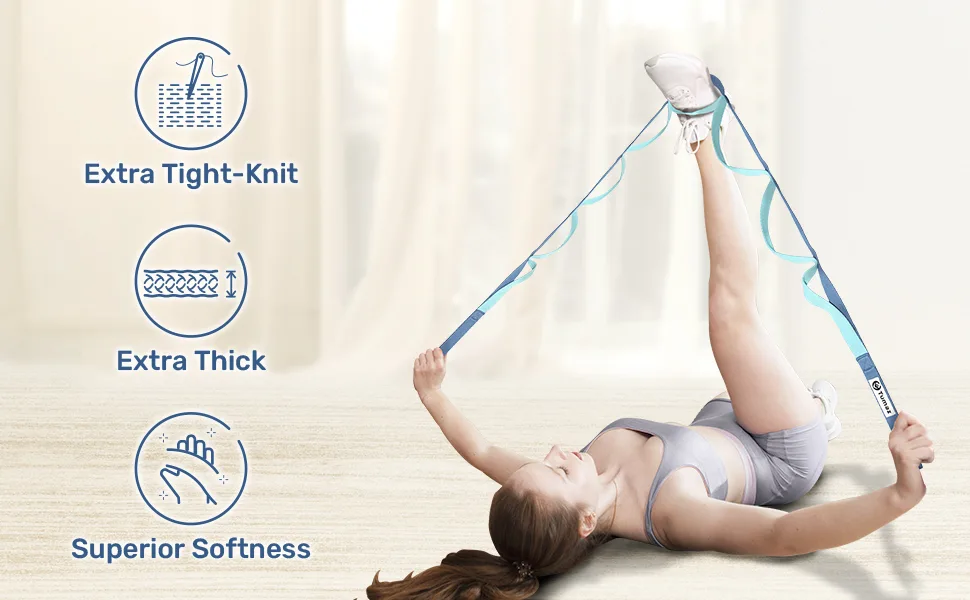 Tumaz Stretching Strap - 10 Loops & Non-Elastic Yoga Strap - The Perfect Home Workout Stretch Strap for Physical Therapy, Yoga, Pilates, Flexibility - Extra Thick, Durable, Soft Multi-Loop 02. Blue Match - Banner 2 ML