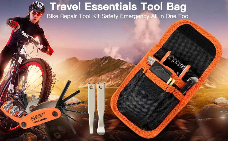 Portable Bike Repair Kit include 16 in 1 Multi Tool, 2 iron Tire Levers and 5 Pre-glued Patch Tire Patch, Metal Files, All in One Mini Tool Bag - bike tool bag