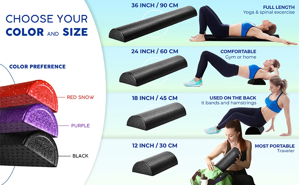 Yes4All High Density Half Round Foam Roller Support Pain Relieved, Physical Therapy, Back, Leg and Muscle Restoration, 12", 18", 24", 36" Black 12 inch - foam roller