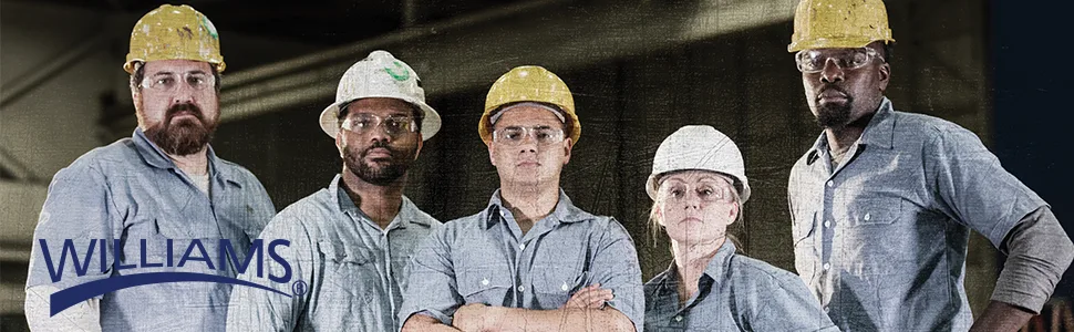 Williams JHWC-40 Cape Chisel, 3/16-Inch - 5 technicians standing in a row dressed for work in hard hats and safety glasses