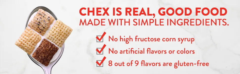 Rice Chex Cereal, Gluten-Free Cereal, 12 oz - Four Chex cereal squares on a spoon, showing how they are made with simple ingredients