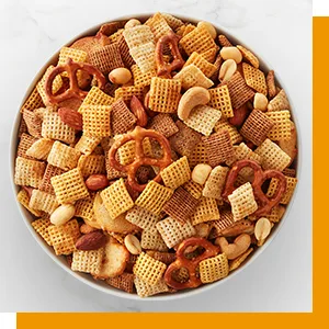 Rice Chex Cereal, Gluten-Free Cereal, 12 oz - Rice Chex, Corn Chex and Wheat Chex cereal squares in a bowl to make an Original Chex Party Mix