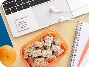 Kellogg's Frosted Mini-Wheats Little Bites Cold Breakfast Cereal, High-Fiber, Whole Grain, Original, 15.9oz Box (1 Box) Original Little Bites - afternoon snack with original frosted mini wheats on desk with office supplies