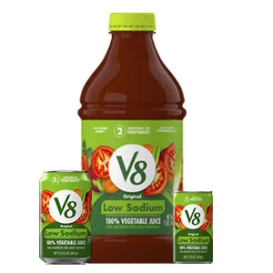 V8 Low Sodium 100% Vegetable Juice, 11.5 oz. Can (Pack of 6) Low Sodium Original 11.5 Fl Oz (Pack of 6) - Three pack sizes pictured next to each other: 12 oz. can, 64 oz. bottle, and 8 oz. can