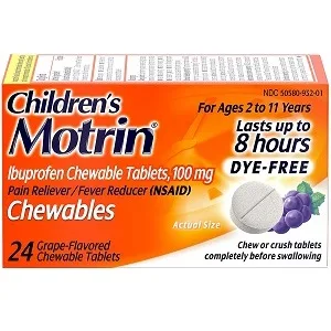 Motrin Children's Dye-Free Ibuprofen Chewable Tablets for Pain & Fever, Grape, 24 Count - product information 1