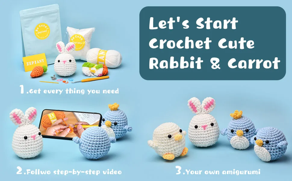 Crochet Kits for Beginners - All-in-One Stuffed Animal Knitting Sets - Step-by-Step Video Tutorials DIY, Rabbit&Carrot Crochet Kits - product information 2