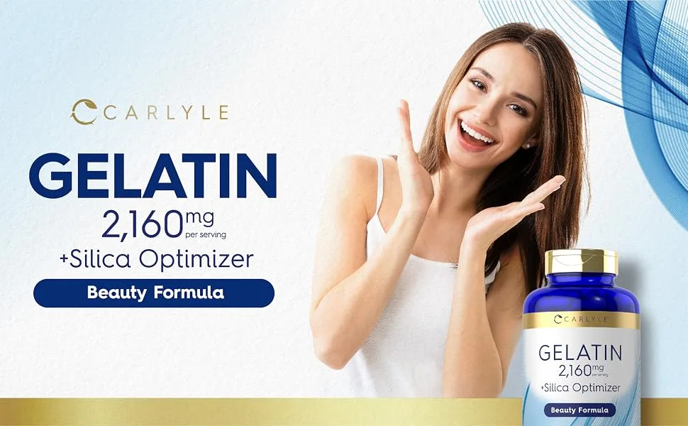 Carlyle Gelatin 2160 mg | with Silica Optimizer | 250 Capsules | Non-GMO, and Gluten Free Supplement - Gelatin