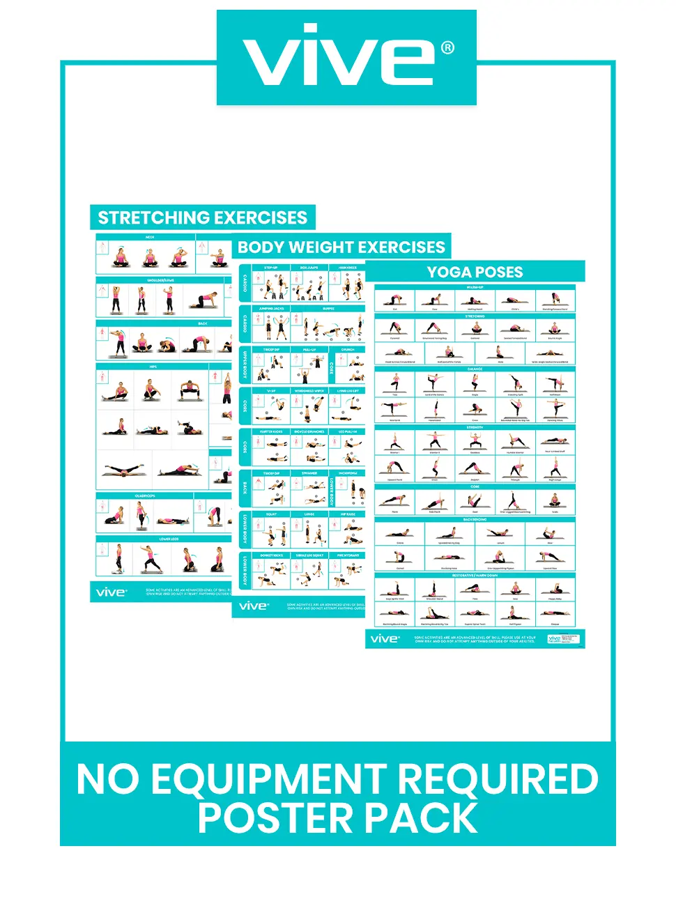 Vive Workout Posters 3 Pack - Bodyweight, Yoga, Stretching Exercise Pack - Home Equipment Accessories Fitness Guide Chart Motivation Sequence for Women, Men, Kids - Laminated, Colored Illustrations - No Equipment Required Poster 3-Pack