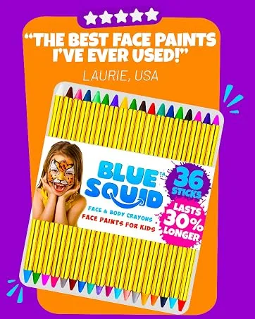 Face Paint Crayons for Kids, Blue Squid 36 Jumbo 3.25" Face & Body Painting Makeup Crayons, Safe for Sensitive Skin, 8 Metallic & 28 Classic Colors, Great for Birthdays & Halloween Makeup 1 Pack - BLUE SQUID