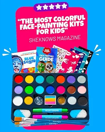 Face Paint Crayons for Kids, Blue Squid 36 Jumbo 3.25" Face & Body Painting Makeup Crayons, Safe for Sensitive Skin, 8 Metallic & 28 Classic Colors, Great for Birthdays & Halloween Makeup 1 Pack - BLUE SQUID