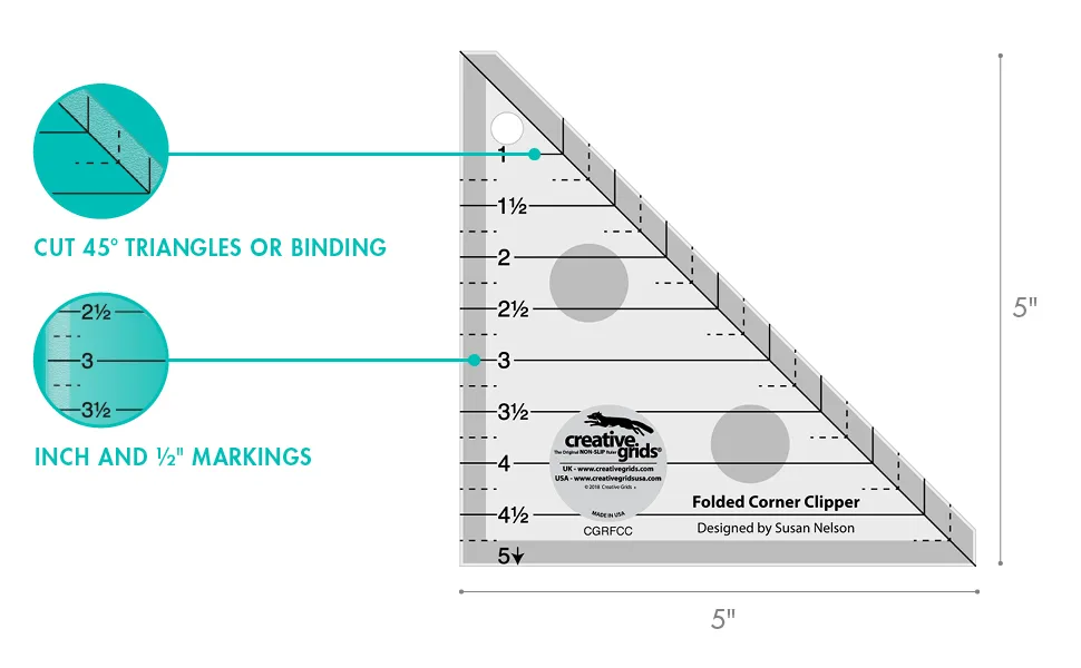 Creative Grids Folded Corner Clipper Tool - CGRFCC - cut 45 degree markings go up 1/4 inch up the side
