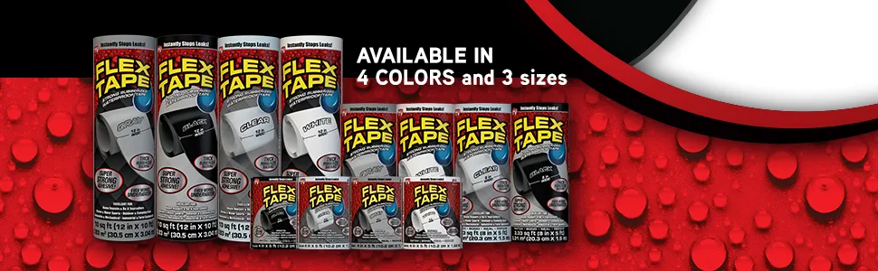 Flex Tape Rubberized Waterproof Tape, 4" x 5', Clear - Group image of Flex Tape showing colors and sizes