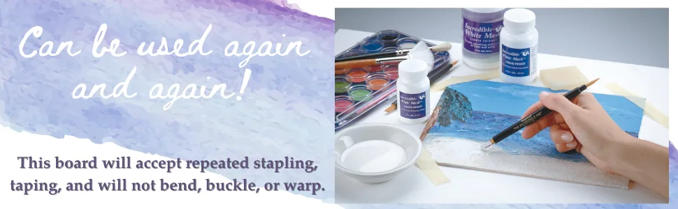 Grafix Stretching Watercolor Paper Art Board, 16" x 24", White 16" x 24" 1 Pack - This board will accept repeated stapling, taping, and will not bend, buckle, or warp.