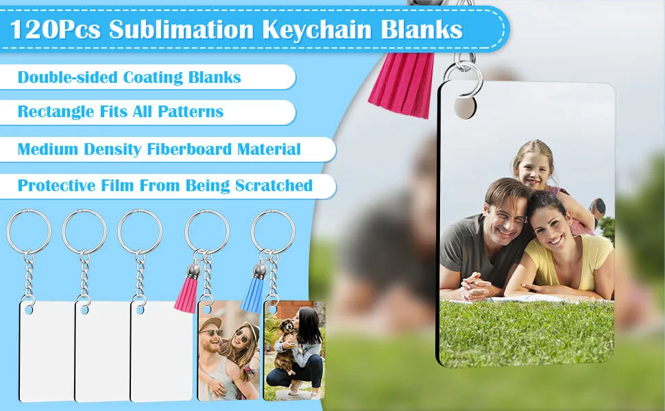 Sublimation Keychain Blanks Bulk modacraft 120Pcs Sublimation Keychain Blanks Set with Rectangle Sublimation Blanks, Keychain Tassels, Keychain Rings and Jump Rings for DIY Keychain Crafting 120Pcs Rectangle - double side