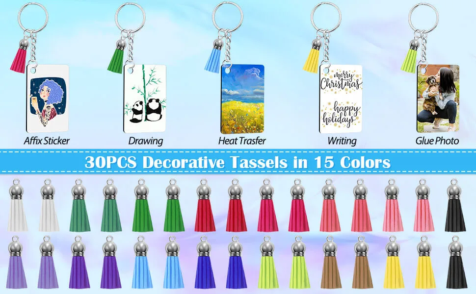 Sublimation Keychain Blanks Bulk modacraft 120Pcs Sublimation Keychain Blanks Set with Rectangle Sublimation Blanks, Keychain Tassels, Keychain Rings and Jump Rings for DIY Keychain Crafting 120Pcs Rectangle - drawing