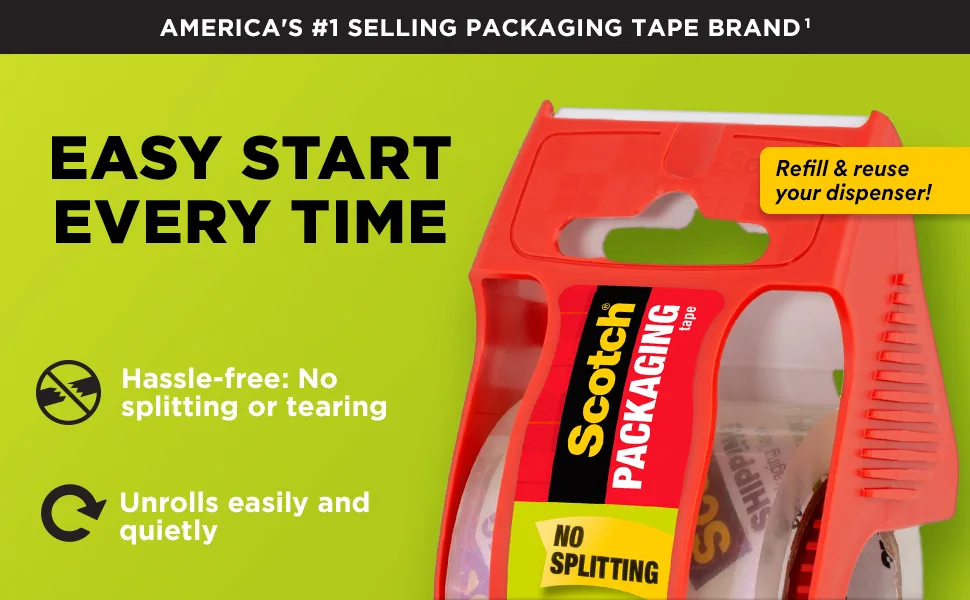 Scotch Sure Start Shipping Packaging Tape, 1.88"x 22.2 yd, Designed for Packing, Shipping and Mailing, Quiet Unwind, No Splitting or Tearing, 1.5" Core, Clear, 6 Dispensered Rolls (145-6) - sure start 1