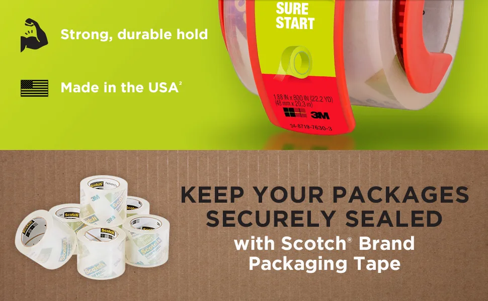 Scotch Sure Start Shipping Packaging Tape, 1.88"x 22.2 yd, Designed for Packing, Shipping and Mailing, Quiet Unwind, No Splitting or Tearing, 1.5" Core, Clear, 6 Dispensered Rolls (145-6) - sure start 2