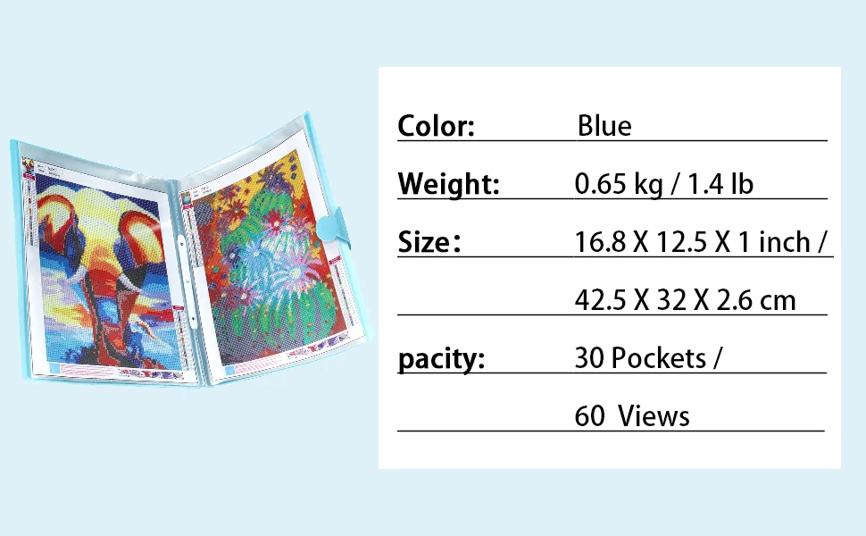 TTPOLONG A3 Diamond Painting Storage Book, Diamond Art Portfolio Book 30 Pags Clear Pockets Plastic Sleeves(16.8X12.5 Inch) Blue 17x12.5 Inch - product information 6