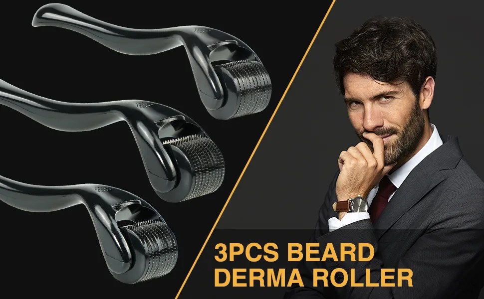 3 Packs Derma Roller for Beard Hair , Microneedle Beard Roller for Face Body,540 Titanium Microneedle Roller for Home Use with Storage Case Black 3 - Derma Roller for Beard