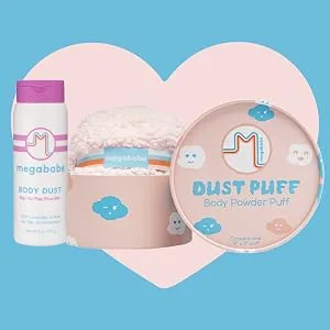 Megababe Body Powder Applicator - Dust Puff | Oversize (6 x 3) Powder Puff | Powder Sold Separately - Body Dust and Dust Puff on light blue background and light pink heart