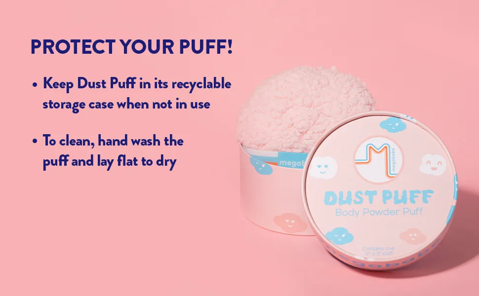 Megababe Body Powder Applicator - Dust Puff | Oversize (6 x 3) Powder Puff | Powder Sold Separately - Dust Puff in box on a pink background. Puff care instructions: store in case & hand wash when needed