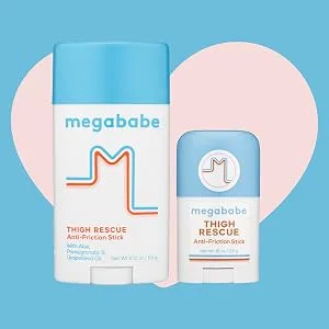 Megababe Body Powder Applicator - Dust Puff | Oversize (6 x 3) Powder Puff | Powder Sold Separately - Thigh Rescue and Thigh Resuce mini on background of light blue and light pink heart