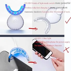 32LED Inductive Charging Tooth whitening System Teeth Bleaching Light-Accelerated Bleaching Trays Kit with 16 Powerful Red & 16Blue LED Lights (White) - powerful teeth whitening