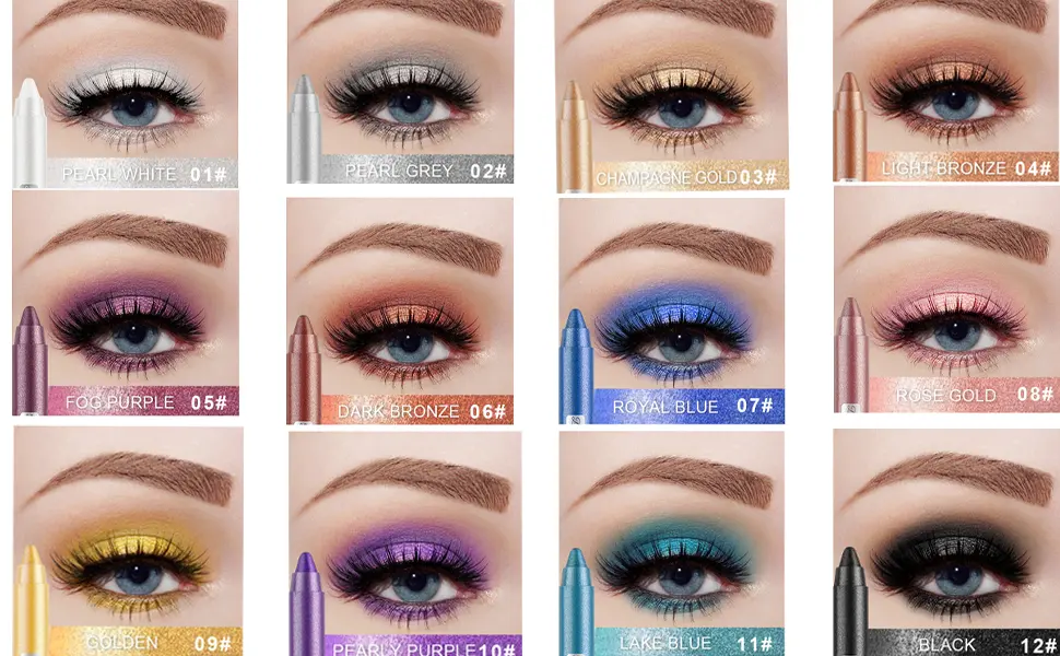 Pakivs 12 Pcs Eyeshadow Stick Set,Long Lasting Glitter Multi-Use Eyeliner Pencil &Eyeshadow Makeup Stick with Sharpener - colors show