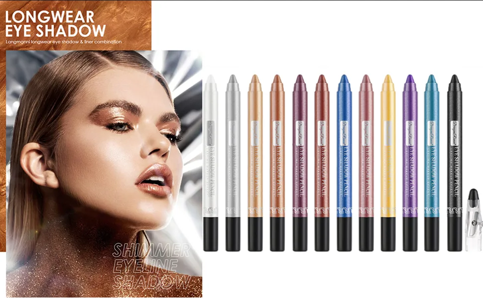 Pakivs 12 Pcs Eyeshadow Stick Set,Long Lasting Glitter Multi-Use Eyeliner Pencil &Eyeshadow Makeup Stick with Sharpener - Shining Eye Shadow Stick