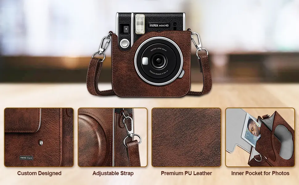 Fintie Protective Case for Fujifilm Instax Mini 40 Instant Camera - Premium Vegan Leather Bag Cover with Removable Adjustable Strap, Vintage Brown - ACAN001-2
