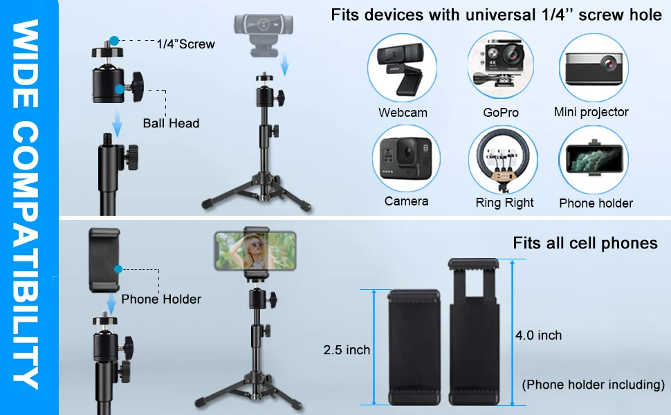 Webcam Tripod Stand Extendable Desktops Tripod for Camera/Phone/Webcam, Desk Tripod Mount Holder Compatible with Logitech Stream Webcam C925e C922x C922 C930e C930 C920 C615 /Camera/iPhone/Ring Light - webcam mount