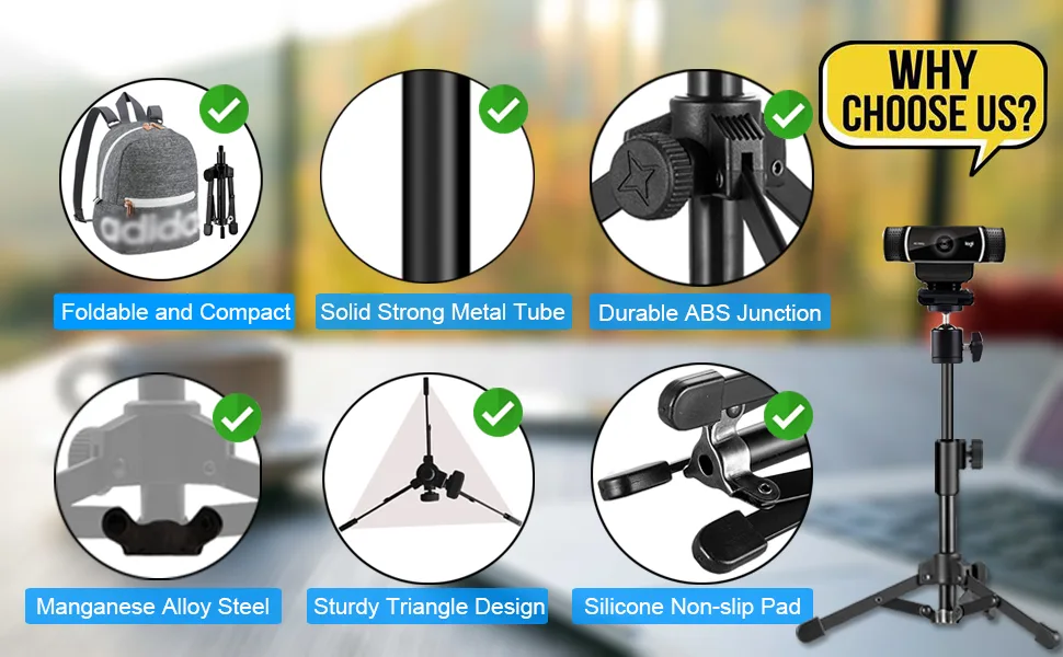 Webcam Tripod Stand Extendable Desktops Tripod for Camera/Phone/Webcam, Desk Tripod Mount Holder Compatible with Logitech Stream Webcam C925e C922x C922 C930e C930 C920 C615 /Camera/iPhone/Ring Light - webcam stand for desk