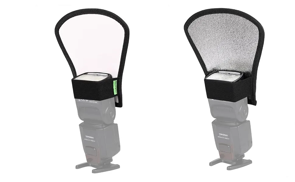 2 Pack Flash Diffuser Reflector Black Edition - 2-Sided White/Silver Bend Bounce Flash Reflector Kit with Elastic Strap for Canon, Nikon, Sony, Fuji and All Speedlight Flashes - by Kachifoto - Double Pic