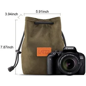 Camera Bag, LATZZ Camera Case, Drawstring Soft Camera Bag with Adjustable Strap, Vintage DSLR Lens Case Gadget for Traveling and Camera Storage Large Green - Medium Size
