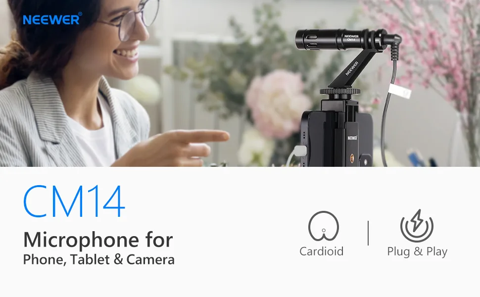 Neewer CM14 Microphone for Phone, Mini On-Camera Video Microphone with Mic Mount, Windscreen, Audio Cables Compatible with iPhone/Android Phone/DSLR Camera/Camcorder (Adapter for iPhone Not Included) - product information 1