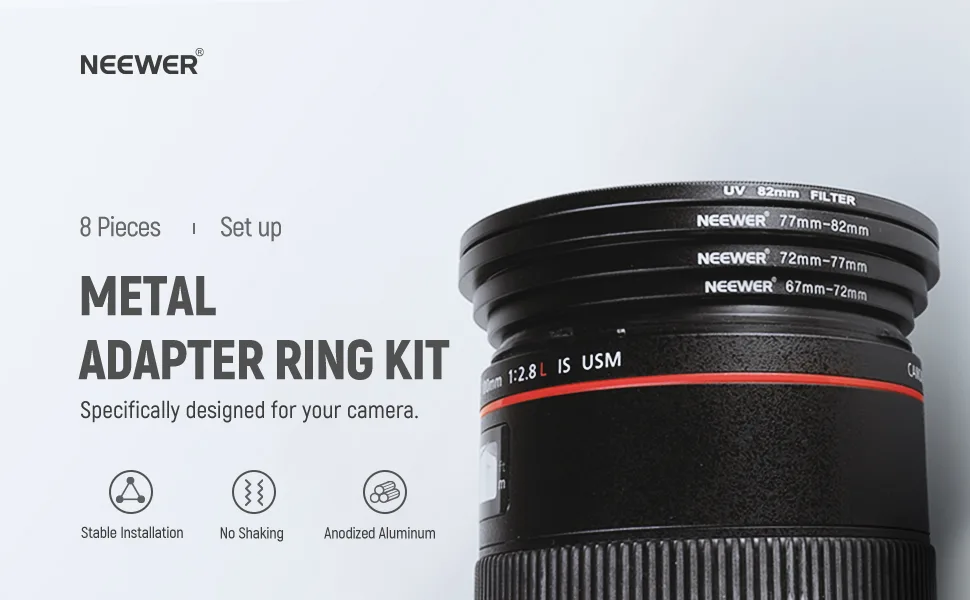 NEEWER 8PCS Step Up Rings Filter Adapter, 49-52mm, 52-55mm, 55-58mm, 58-62mm, 62-67mm, 67-72mm, 72-77mm, 77-82mm Threaded Premium Anodized Aluminum Frame - product information 1