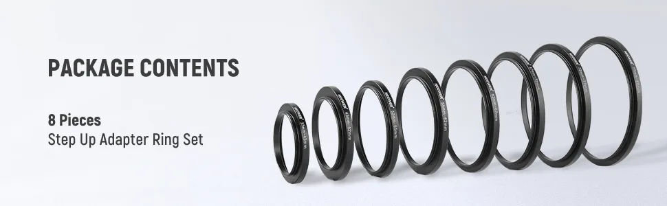 NEEWER 8PCS Step Up Rings Filter Adapter, 49-52mm, 52-55mm, 55-58mm, 58-62mm, 62-67mm, 67-72mm, 72-77mm, 77-82mm Threaded Premium Anodized Aluminum Frame - product information 8