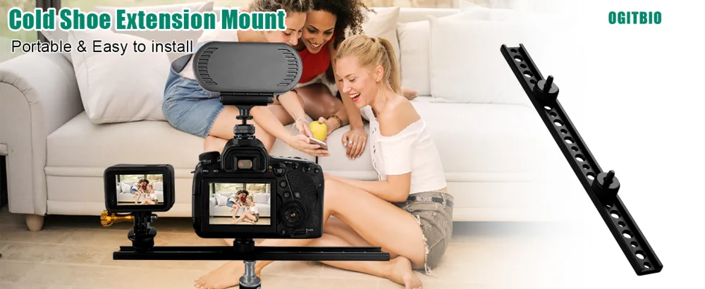 Cold Shoe Bracket Extension Bar, Tripod Bracket Mount Dual Camera Flash Mount Can Be Adjust Easily, Aluminum Hot Shoe Extension Bar with 1/4" & 3/8" Screw for Camera LED Video Light Flash Light - dual camera flash mount tripod bracket