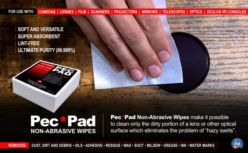 PEC-PAD Lint Free Wipes 4x4 Non-Abrasive Ultra Soft Cloth for Cleaning Sensitive Surfaces Like Camera, Lens, Filters, Film, Scanners, Telescopes, Microscopes, Binoculars. (100 Sheets Per/Pkg) - PecPad